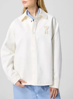 Crocheted logo ivory denim overshirt