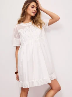 Crocheted ovals flared poplin minidress
