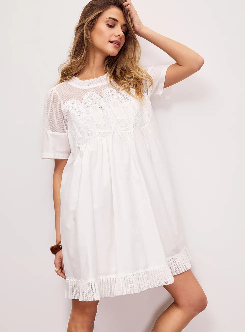 Crocheted ovals flared poplin minidress