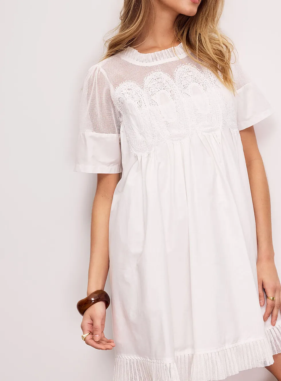 Crocheted ovals flared poplin minidress