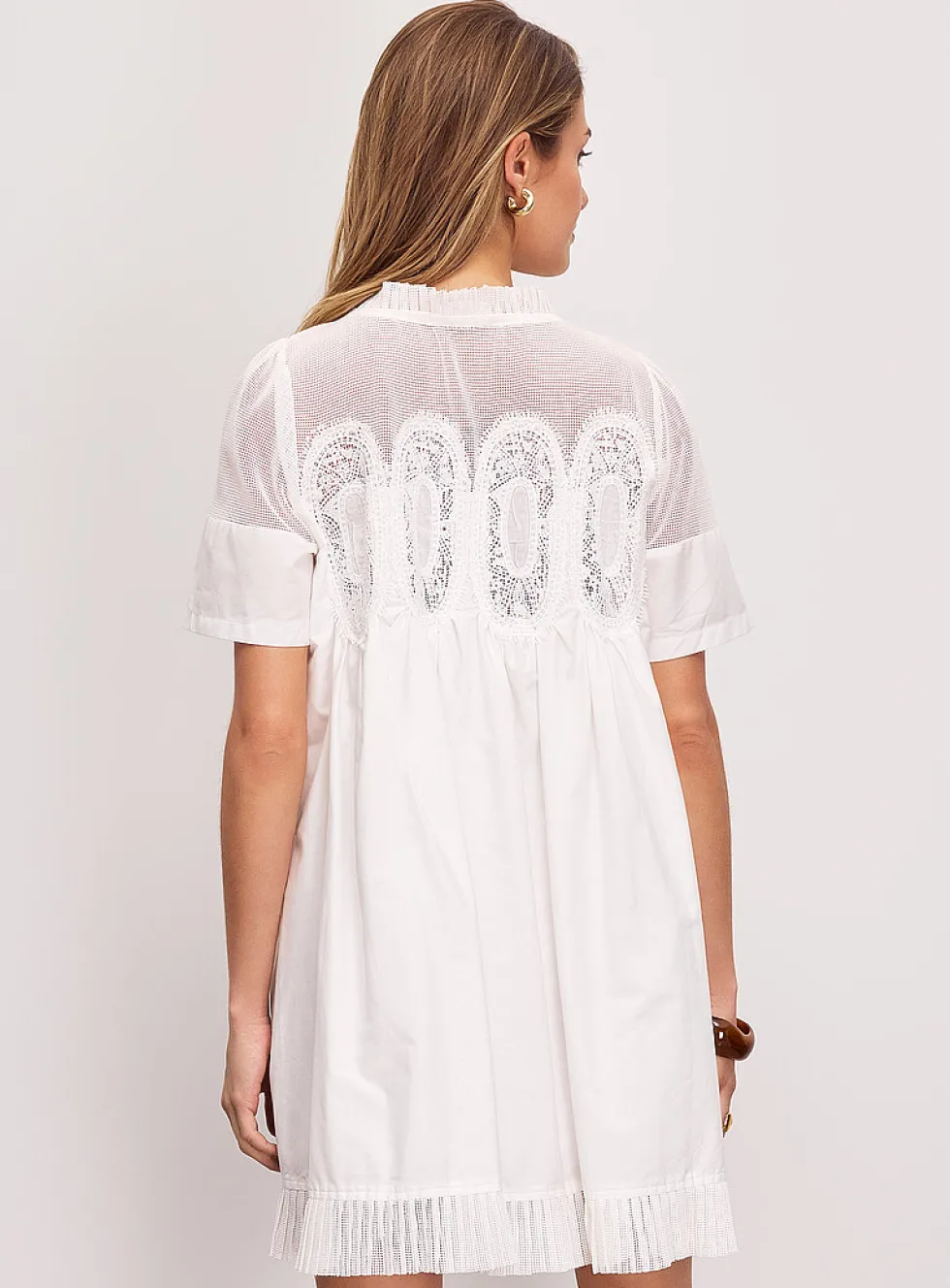 Crocheted ovals flared poplin minidress