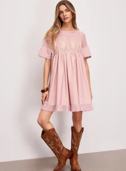 Crocheted ovals flared poplin minidress