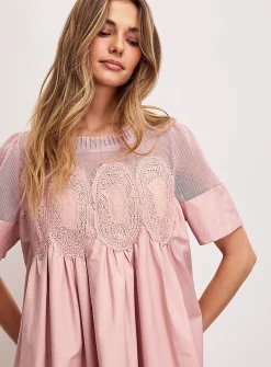 Crocheted ovals flared poplin minidress