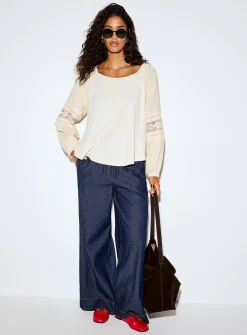 Crocheted puff-sleeve dual-material T-shirt