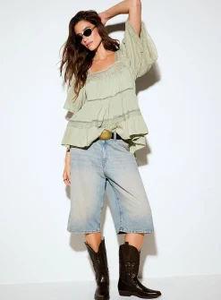 Crocheted strips square neckline blouse
