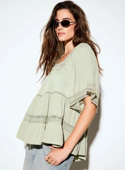 Crocheted strips square neckline blouse