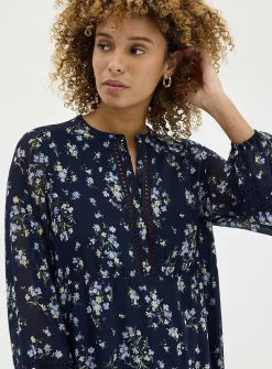 Crocheted trims floral chiffon dress