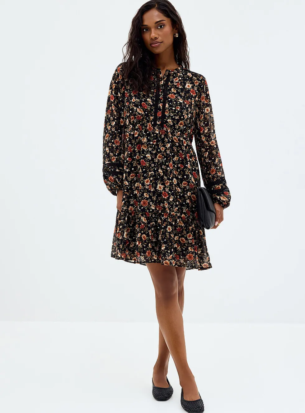 Crocheted trims floral chiffon dress