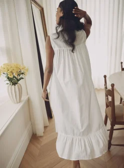 Crocheted-accent poplin long nightgown