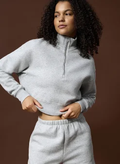 Cropped fleece jersey zip-neck sweatshirt