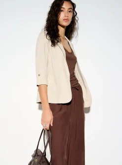 Cropped linen-blend open blazer