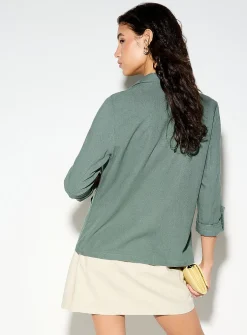 Cropped linen-blend open blazer