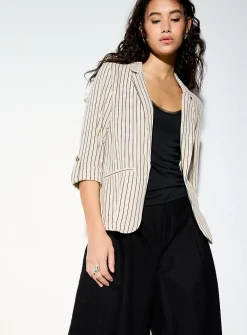 Cropped linen-blend open blazer
