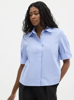 Cropped pleated-sleeve poplin shirt