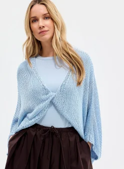 Crossover-neckline crochet-effect open sweater