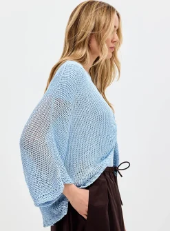Crossover-neckline crochet-effect open sweater