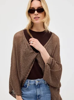 Crossover-neckline crochet-effect open sweater
