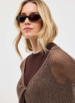 Crossover-neckline crochet-effect open sweater