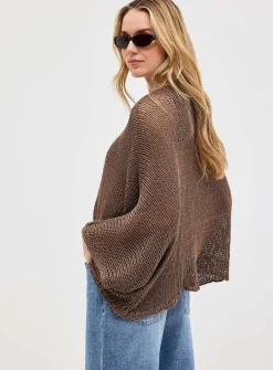 Crossover-neckline crochet-effect open sweater