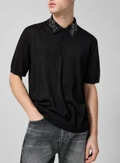 Crystal collar pure silk fine-knit polo shirt