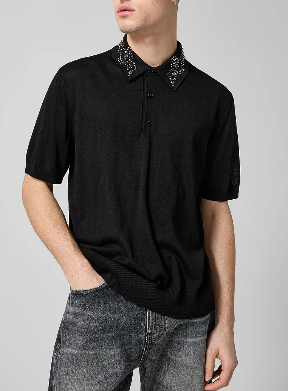 Crystal collar pure silk fine-knit polo shirt