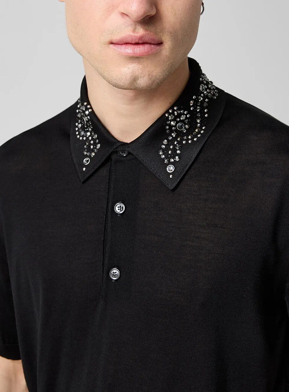 Crystal collar pure silk fine-knit polo shirt