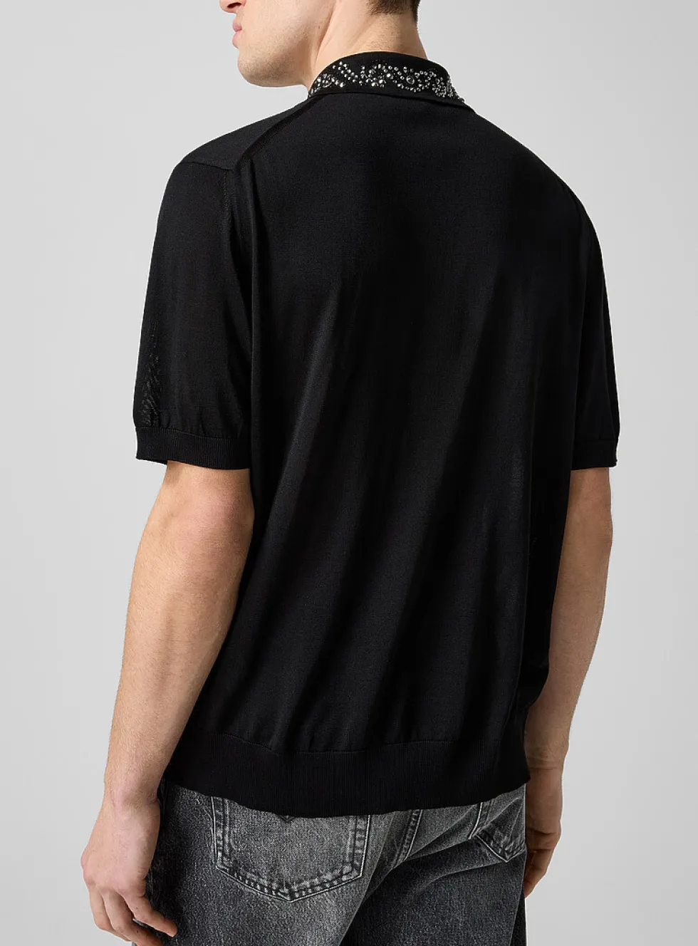 Crystal collar pure silk fine-knit polo shirt