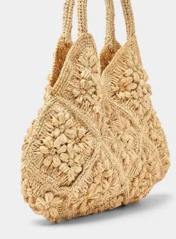 3D flower braided raffia tote bag