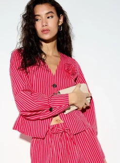 3D flower V-neck cinched poplin blouse