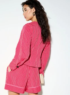 3D flower V-neck cinched poplin blouse