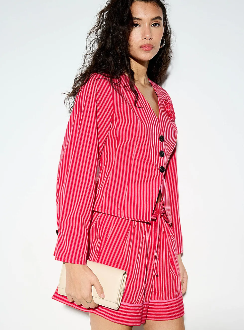 3D flower V-neck cinched poplin blouse