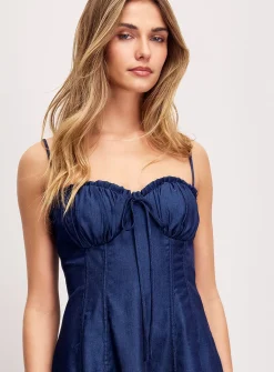 Dark denim effect peasant mini-dress