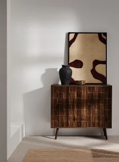 Dark walnut laminate checkered pattern double doors console