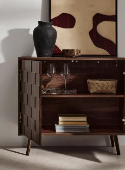 Dark walnut laminate checkered pattern double doors console