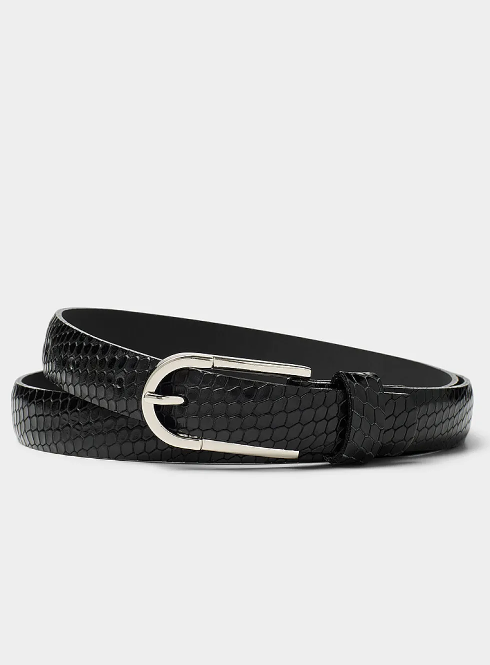 D-buckle glossy snakeskin leather thin belt