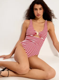 Decorative openwork ruffle-textured striped one-piece