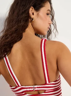 Decorative openwork ruffle-textured striped one-piece