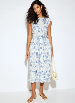 Delicate blue flowers drawstring-waist maxi dress