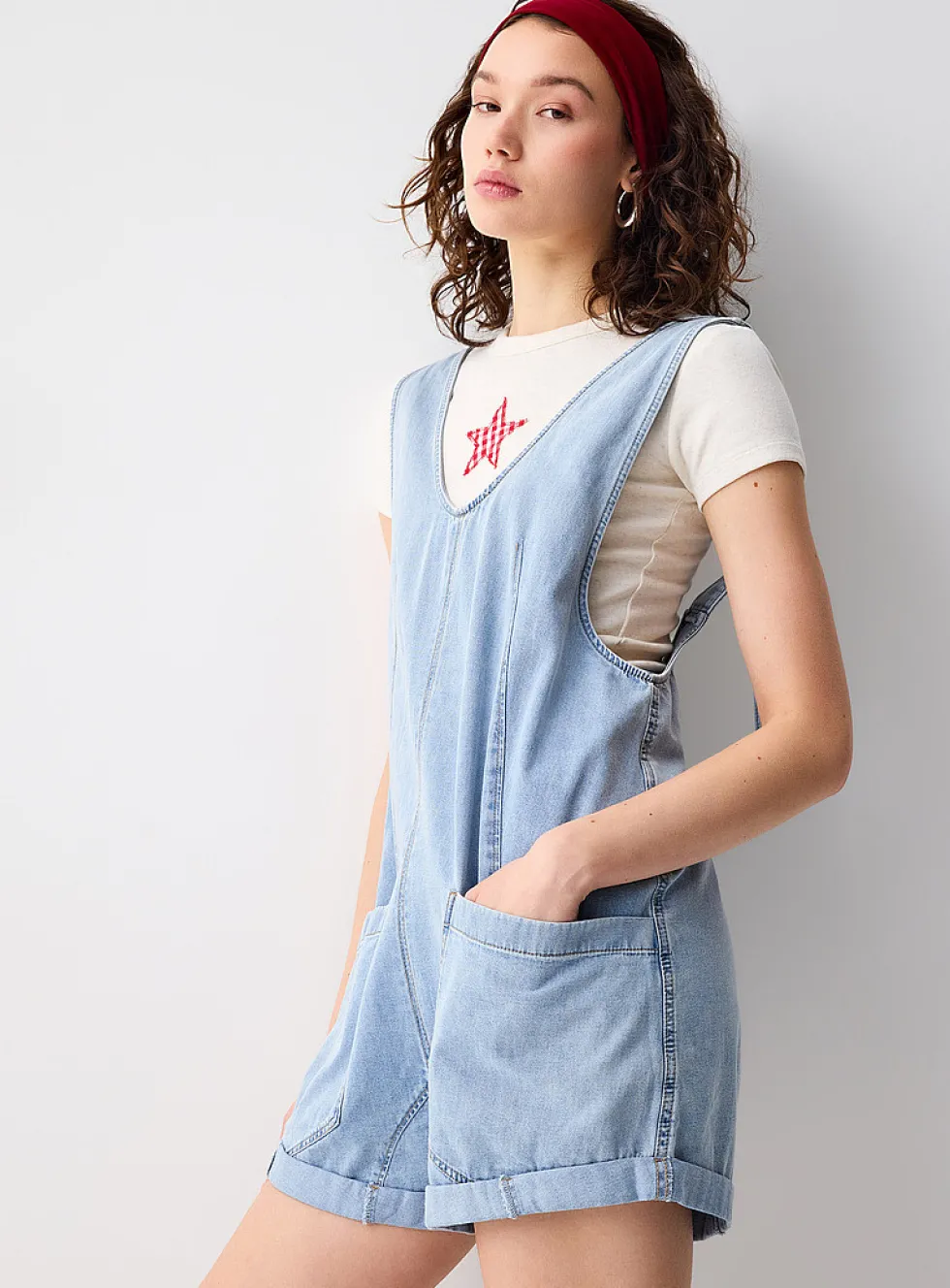 Denim carpenter romper