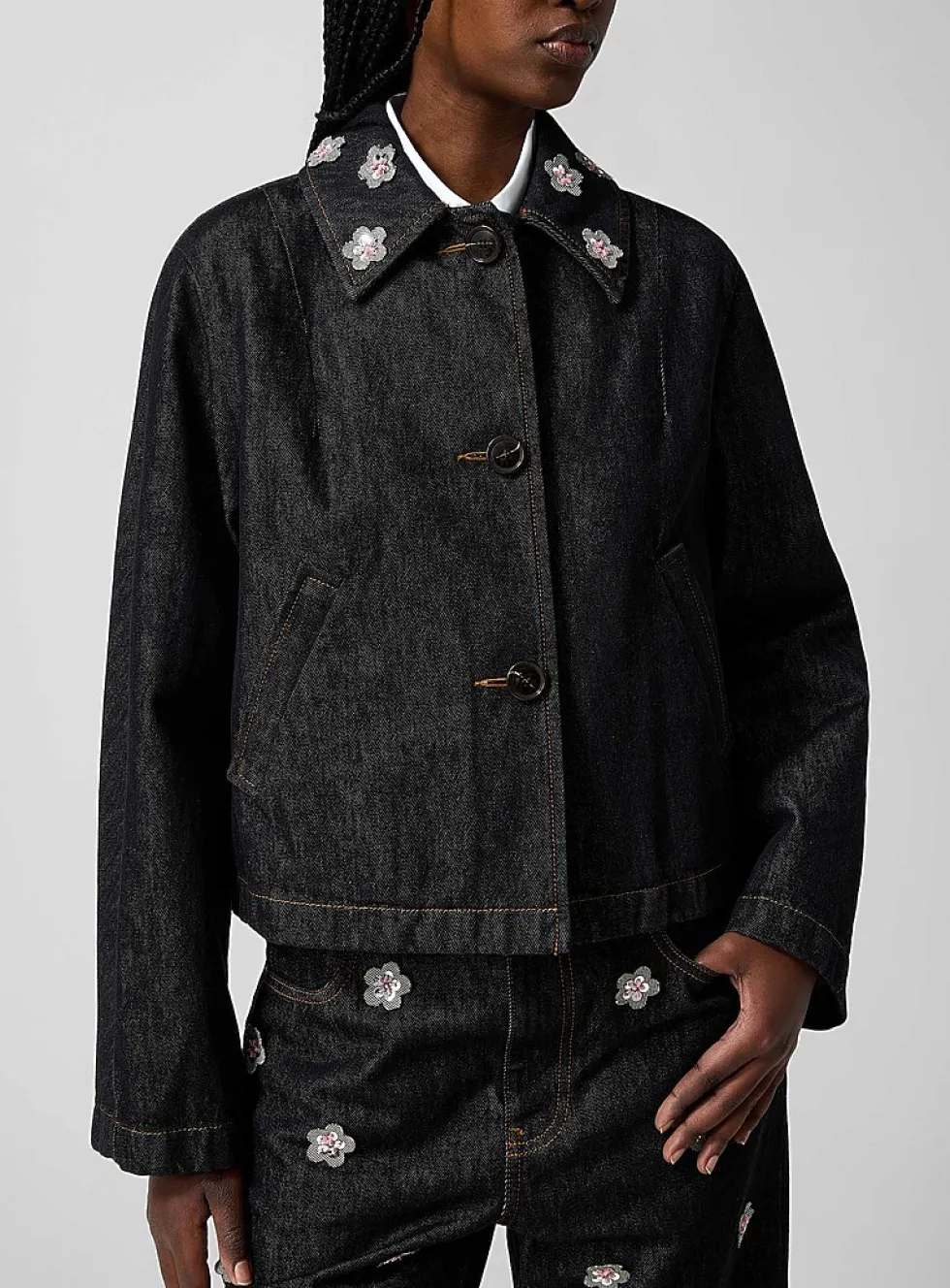 Denim floral collar jacket