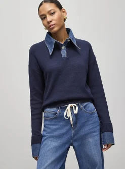 Denim inserts jewel buttons polo shirt