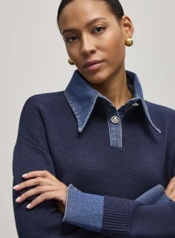 Denim inserts jewel buttons polo shirt