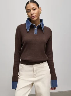 Denim inserts jewel buttons polo shirt