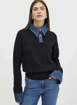 Denim inserts jewel buttons polo shirt