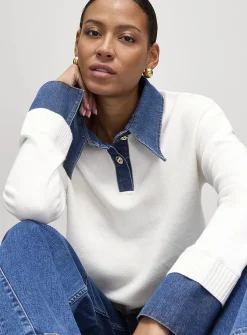 Denim inserts jewel buttons polo shirt