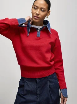 Denim inserts jewel buttons polo shirt