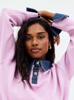 Denim inserts jewel buttons polo shirt