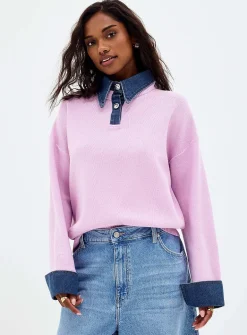 Denim inserts jewel buttons polo shirt
