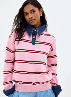 Denim polo collar insert striped sweater