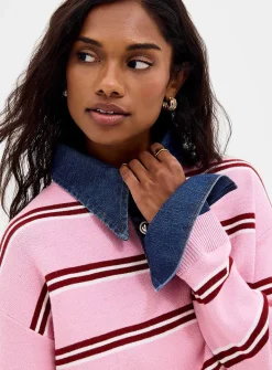 Denim polo collar insert striped sweater
